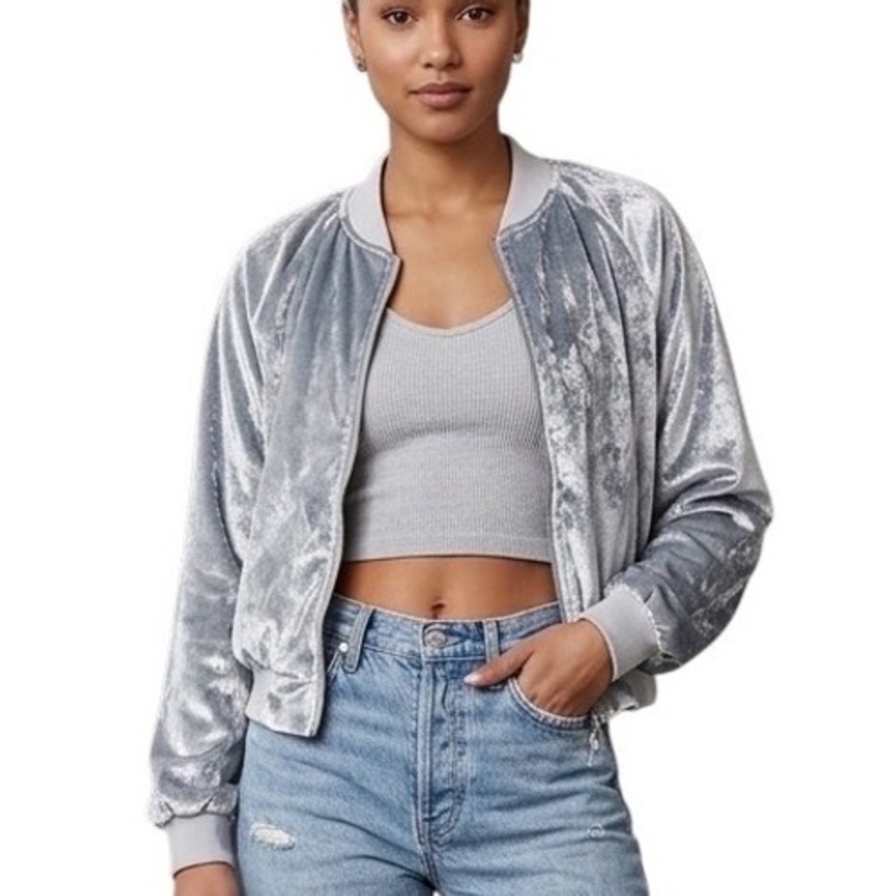 Emory Park Silver Shimmer Velvet Bomber Jacket Small Cropped Zip Up Raglan Party